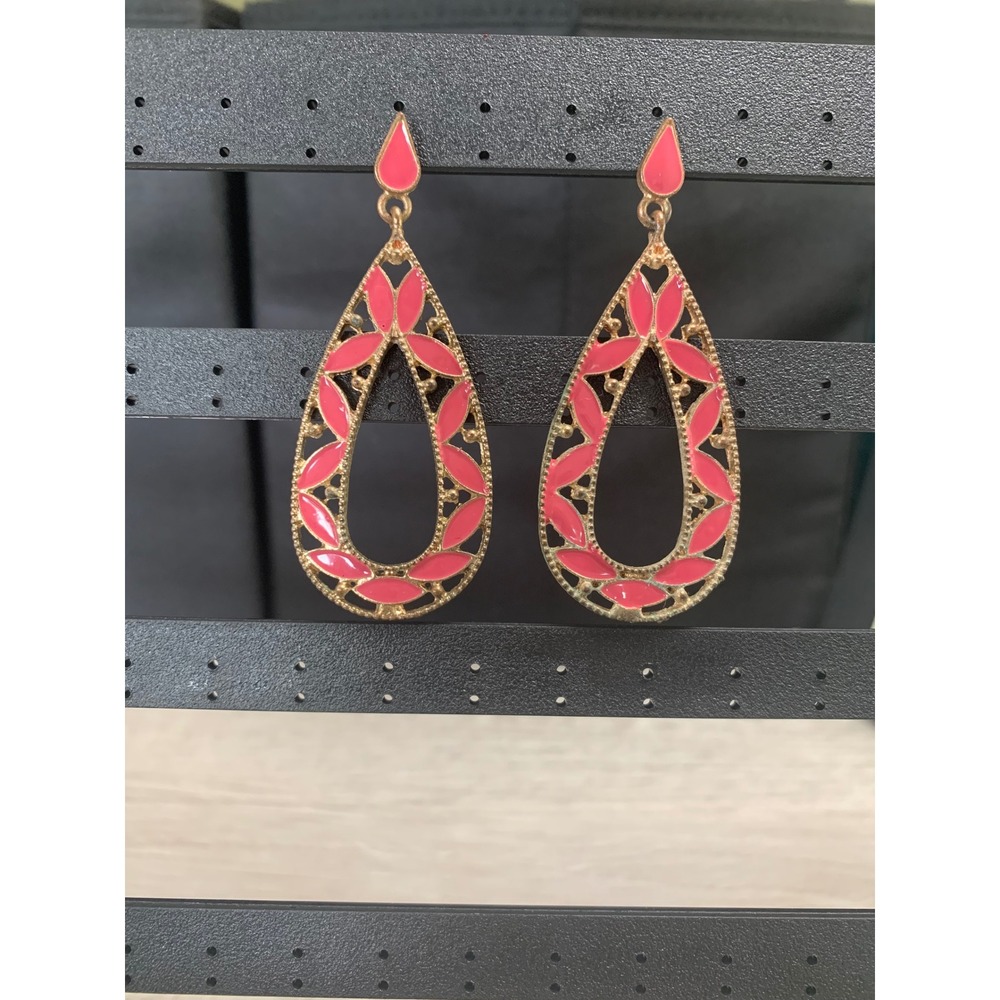 Pink Enamel Teardrop Earrings Gold Tone Boho Floral Cutout Dangle Statement 3232